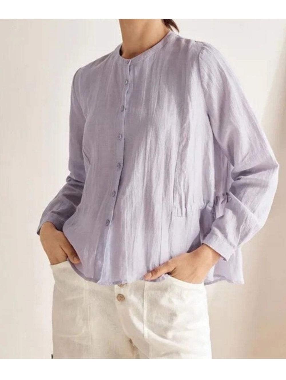 Lintico Light Lavender Button-Front Linen Blend Blouse, Size L